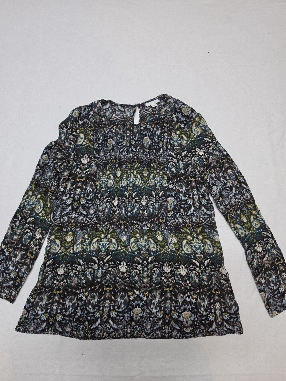 J. Jill Women’s Small Smocked Boho Paisley Print Long Sleeve Tunic Blouse Top
